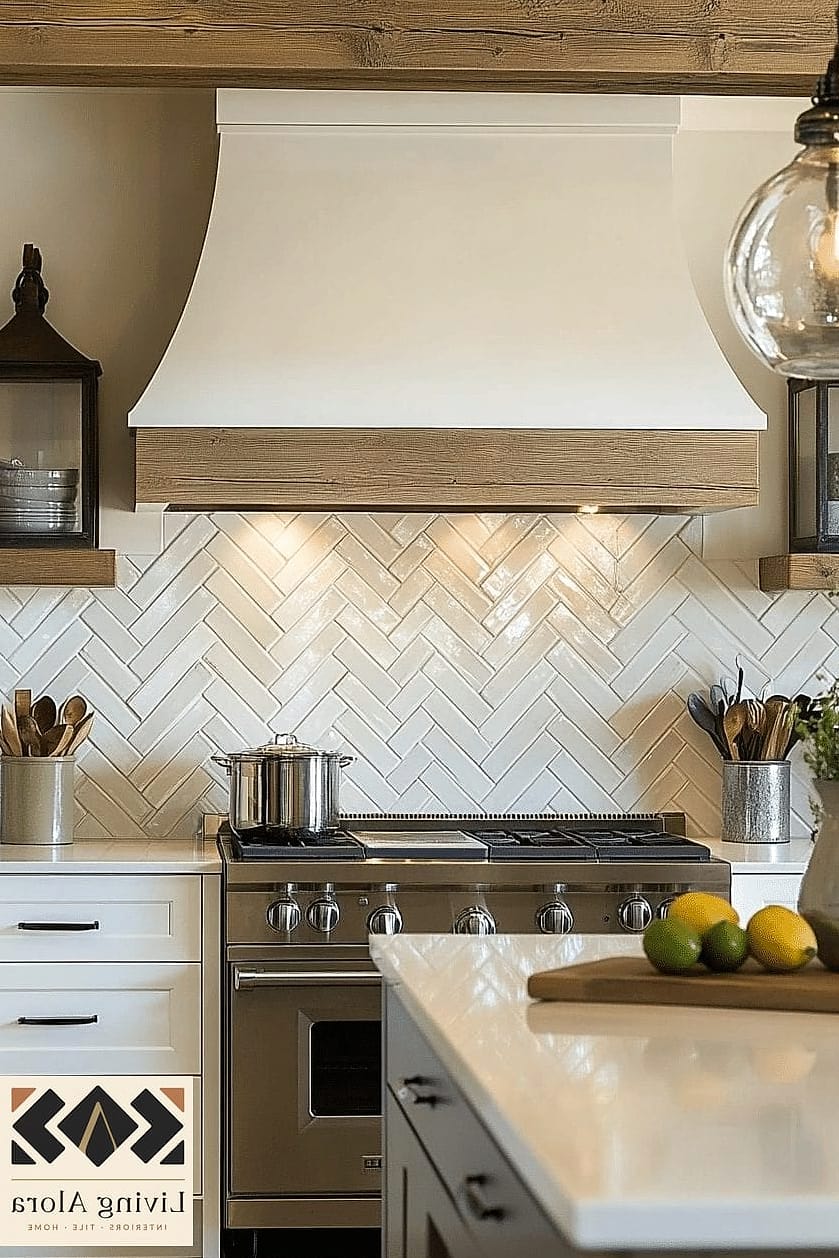 17 Ceiling Height Backsplash Ideas From Homes We Absolutely Love 4 Herringbone Pattern in Soft Sage Green