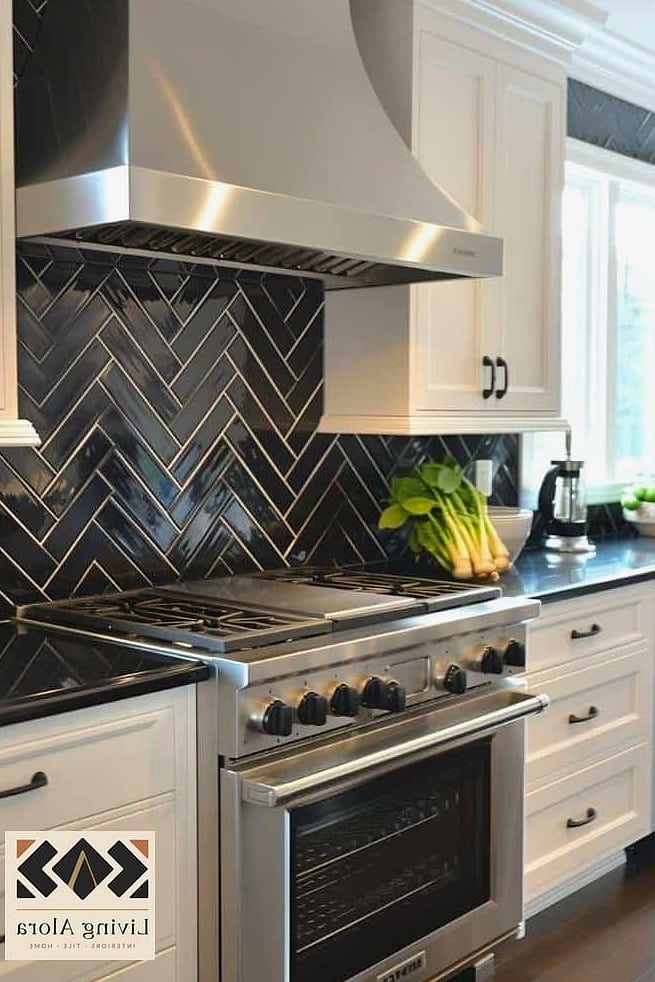 23 Black Subway Backsplash Ideas That Work in Any Size Home 3 Herringbone Pattern in Matte Black