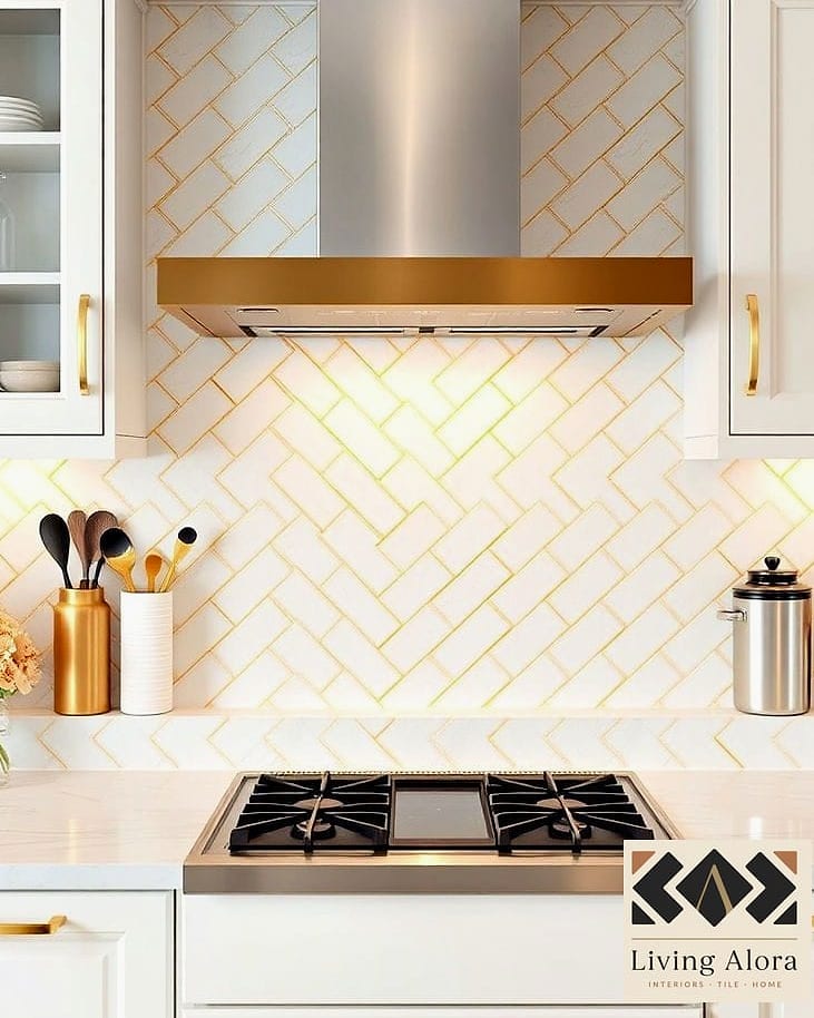 Herringbone Pattern in White Marble with Gold Veining
