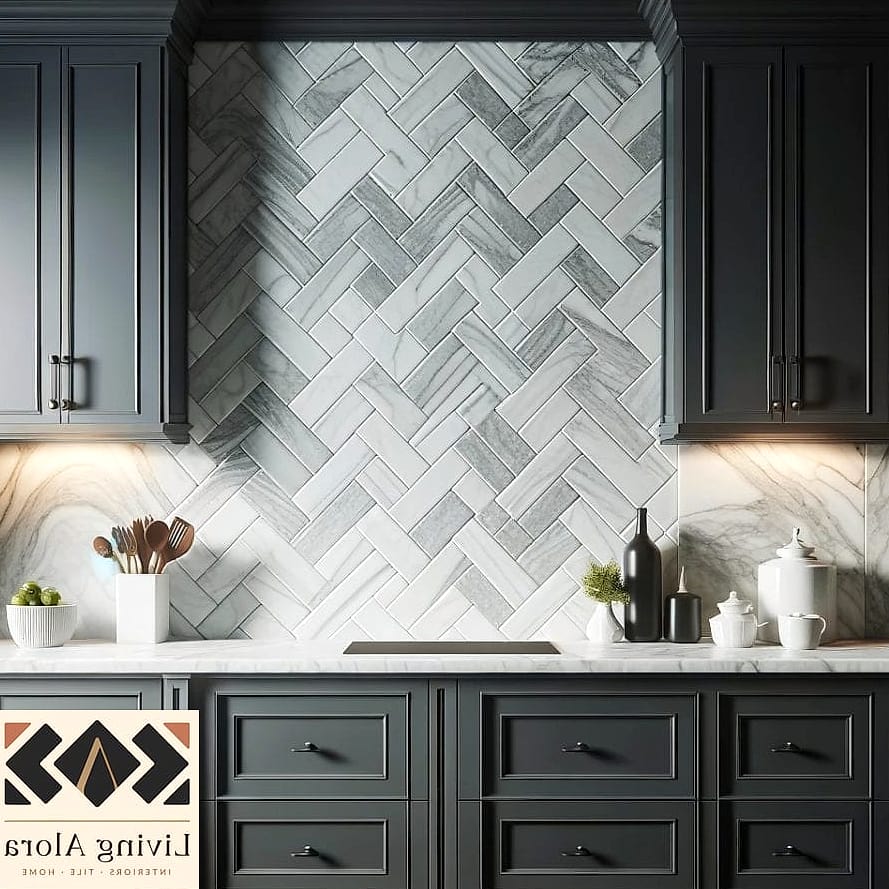 15 Backsplash for Dark Cabinets Ideas Worth Stealing From Interior Designers 5 Herringbone Pattern for Movement