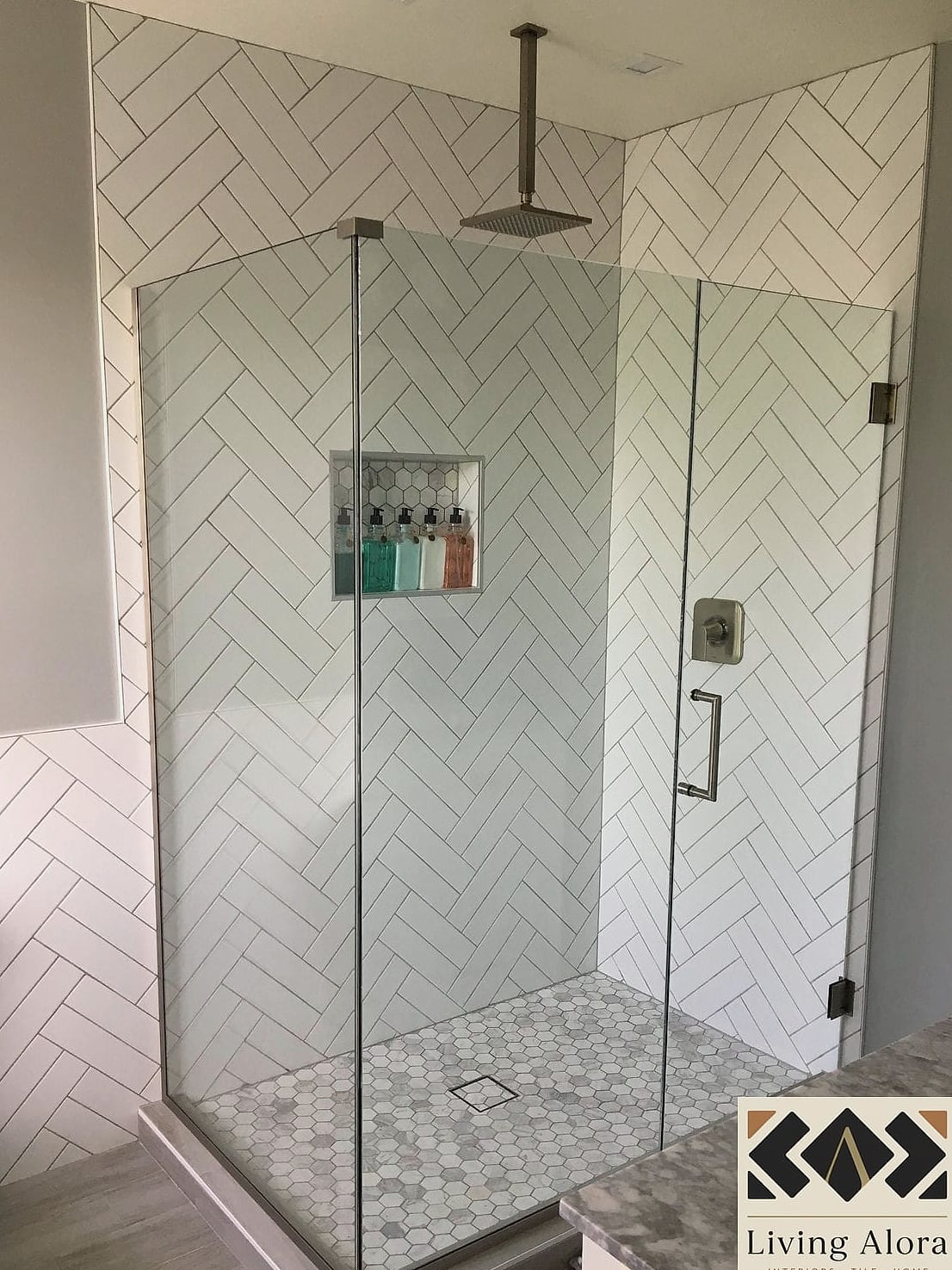 Herringbone Subway Mosaic in the Shower