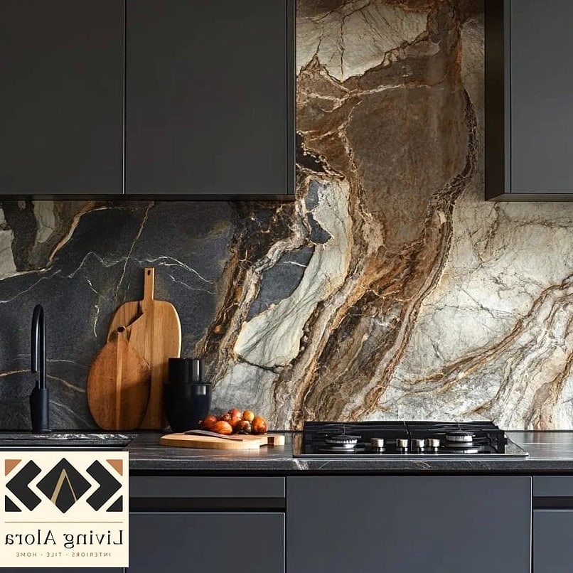 High-Contrast Slab with White Cabinets
