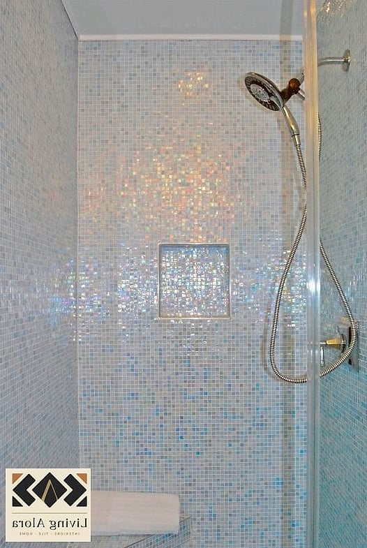 11 White Glass Mosaic Tile Ideas Worth Bookmarking Before You Renovate 4 Iridescent Glass Mosaic Shower Surround