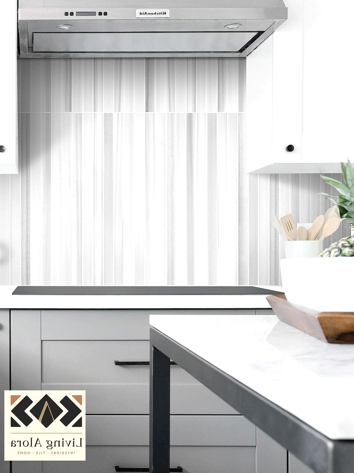 13 Backsplash for Gray and White Cabinets Ideas to Inspire Your Next Renovation 4 Large-Format Porcelain Slab Backsplash