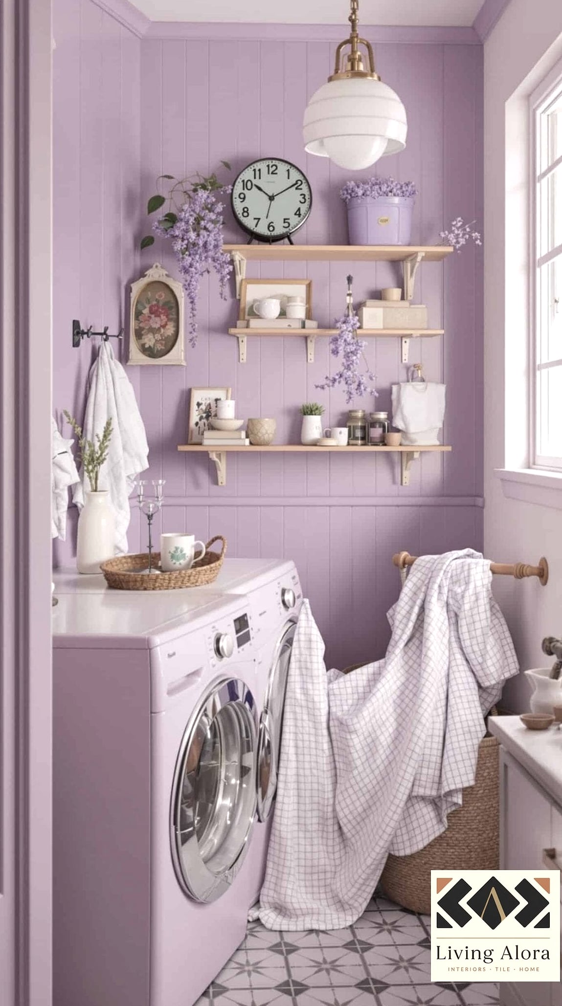 21 Trendy Colorful Herringbone Backsplash Ideas That Work in Any Size Home 12 Lavender Herringbone in a Laundry Room