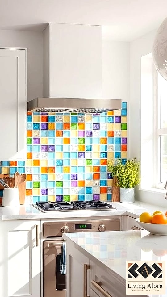 25 Colorful Glass Backsplash Ideas That Maximize Style and Function 26 Layered Color Blocking Glass Backsplash