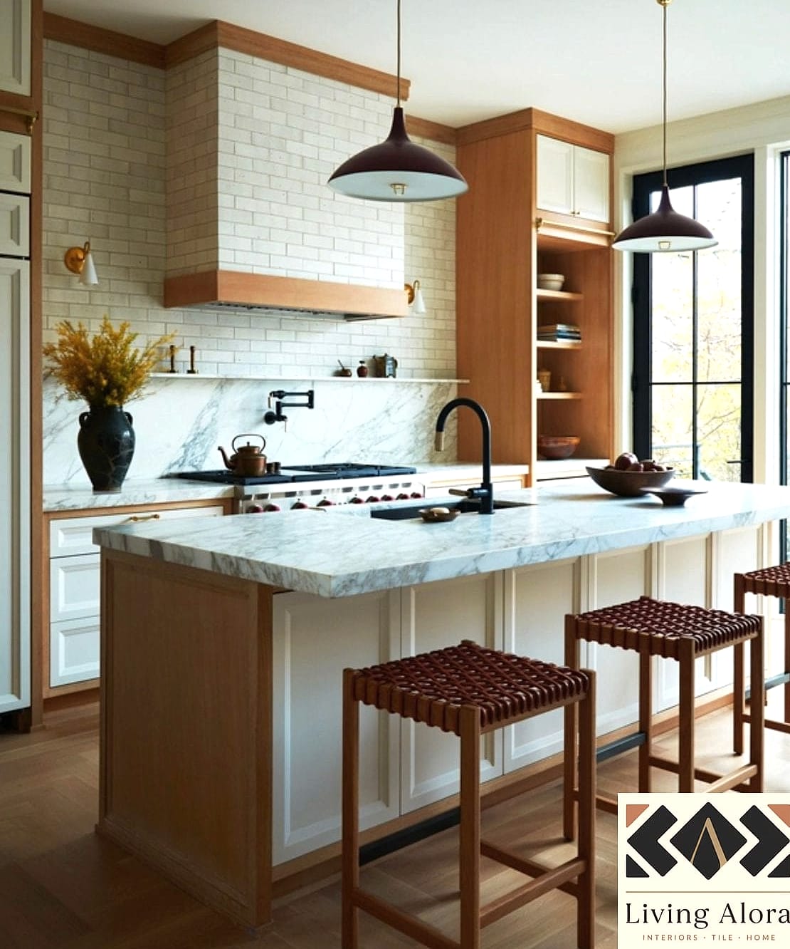 Marble Backsplash with a Mixed-Material Accent
