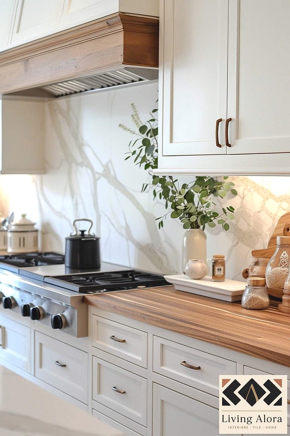 Marble Backsplash Paired with Butcher Block Counters