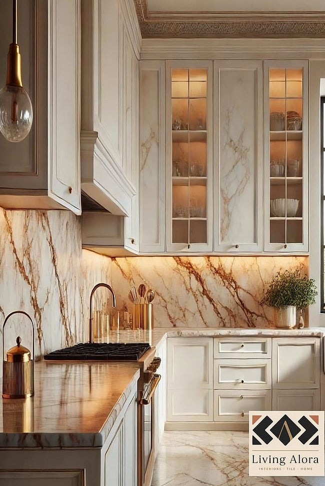 Marble Backsplash with Warm Metal Hardware