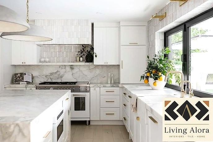 Marble Backsplash with a Waterfall Edge
