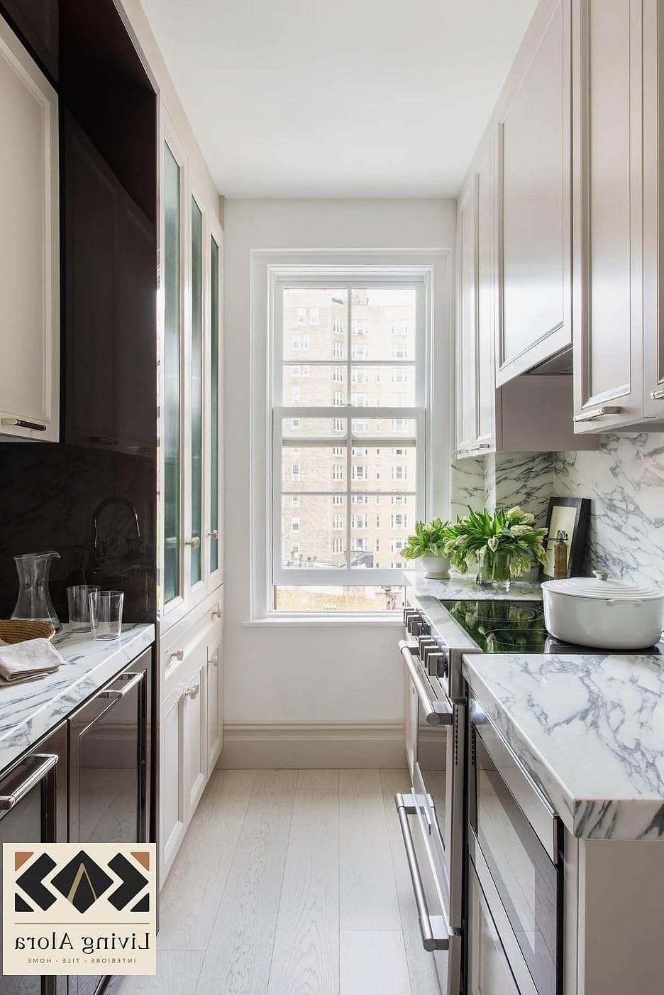 Marble Backsplash in a Small Galley Kitchen