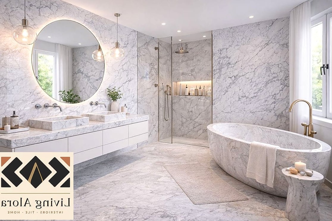 11 Marble Bathroom Ideas That Work in Any Size Home 11 Marble Countertop Paired with Open Shelving