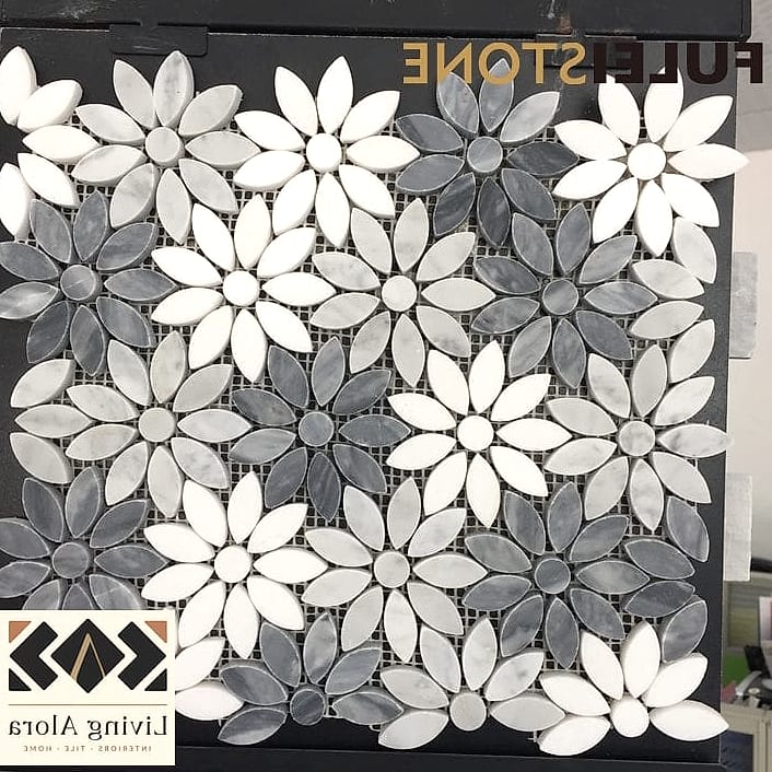 Marble Flower Mosaic with Wood Shelf Ledge