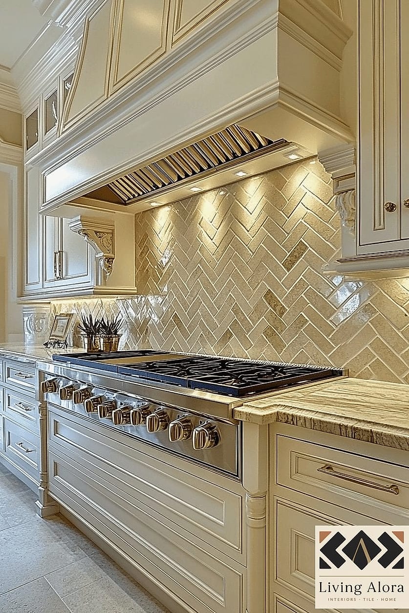 21 Marble Herringbone Backsplash Ideas That Look Expensive But Aren't 12 Marble Herringbone with Brass Accents