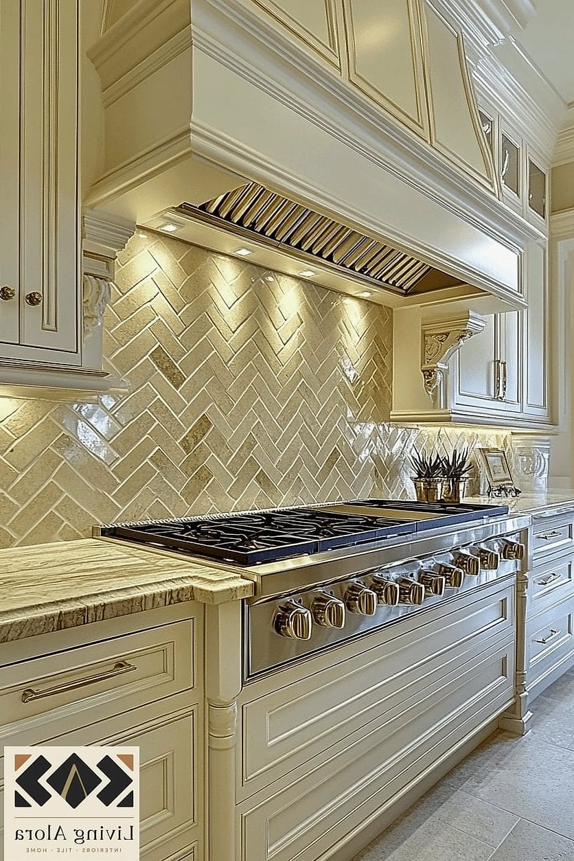 Marble Herringbone with Metallic Grout