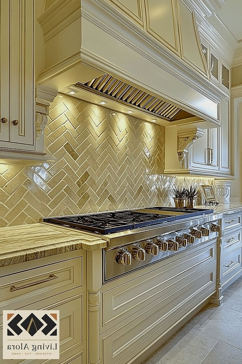 30 Stone Backsplash Ideas That Will Transform Your Space 22 Marble Herringbone with Metal Inlay