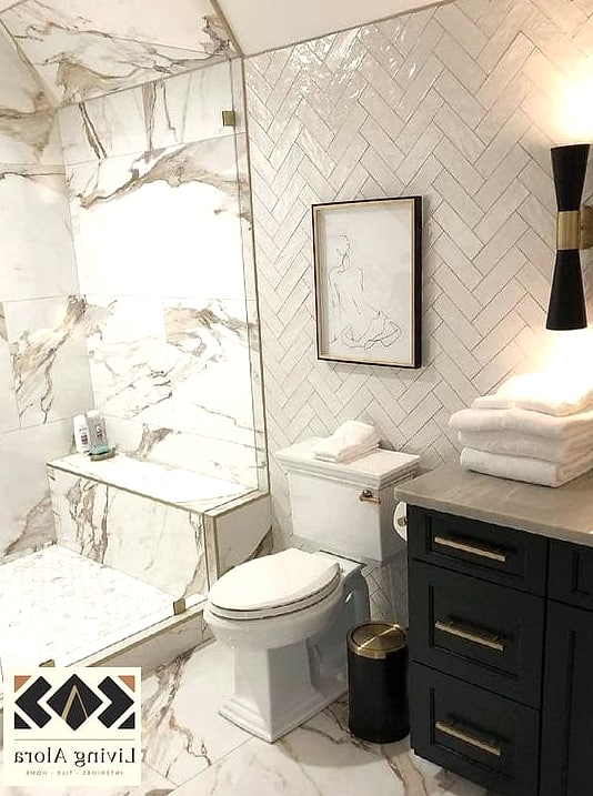 30 Herringbone Tile Ideas That Maximize Style and Function 4 Marble Herringbone Bathroom Floor