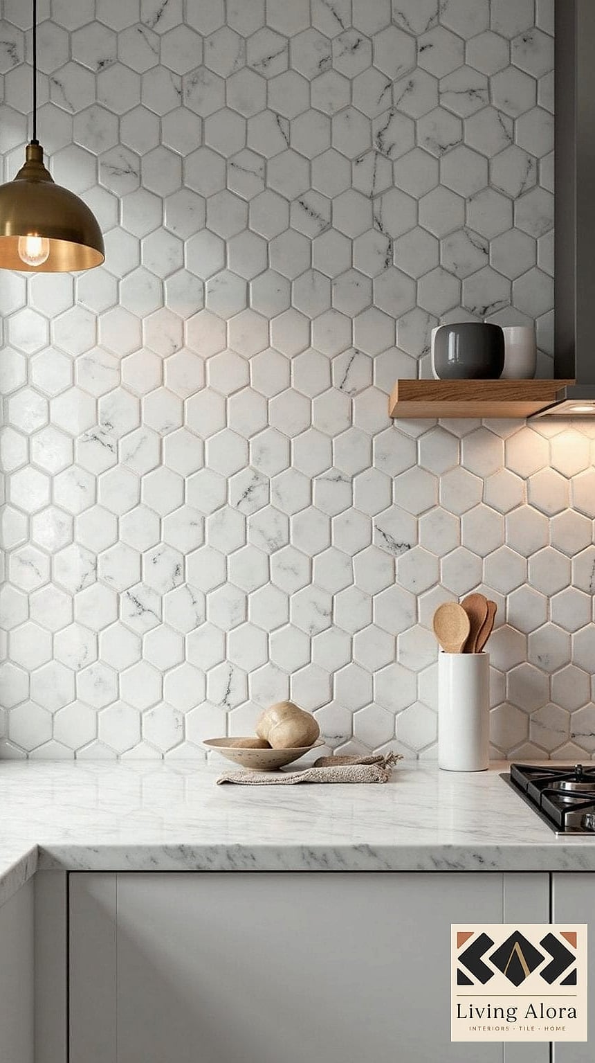 23 Kitchen Backsplash Ideas That Maximize Style and Function 21 Marble Hexagon Tile for Softened Geometry