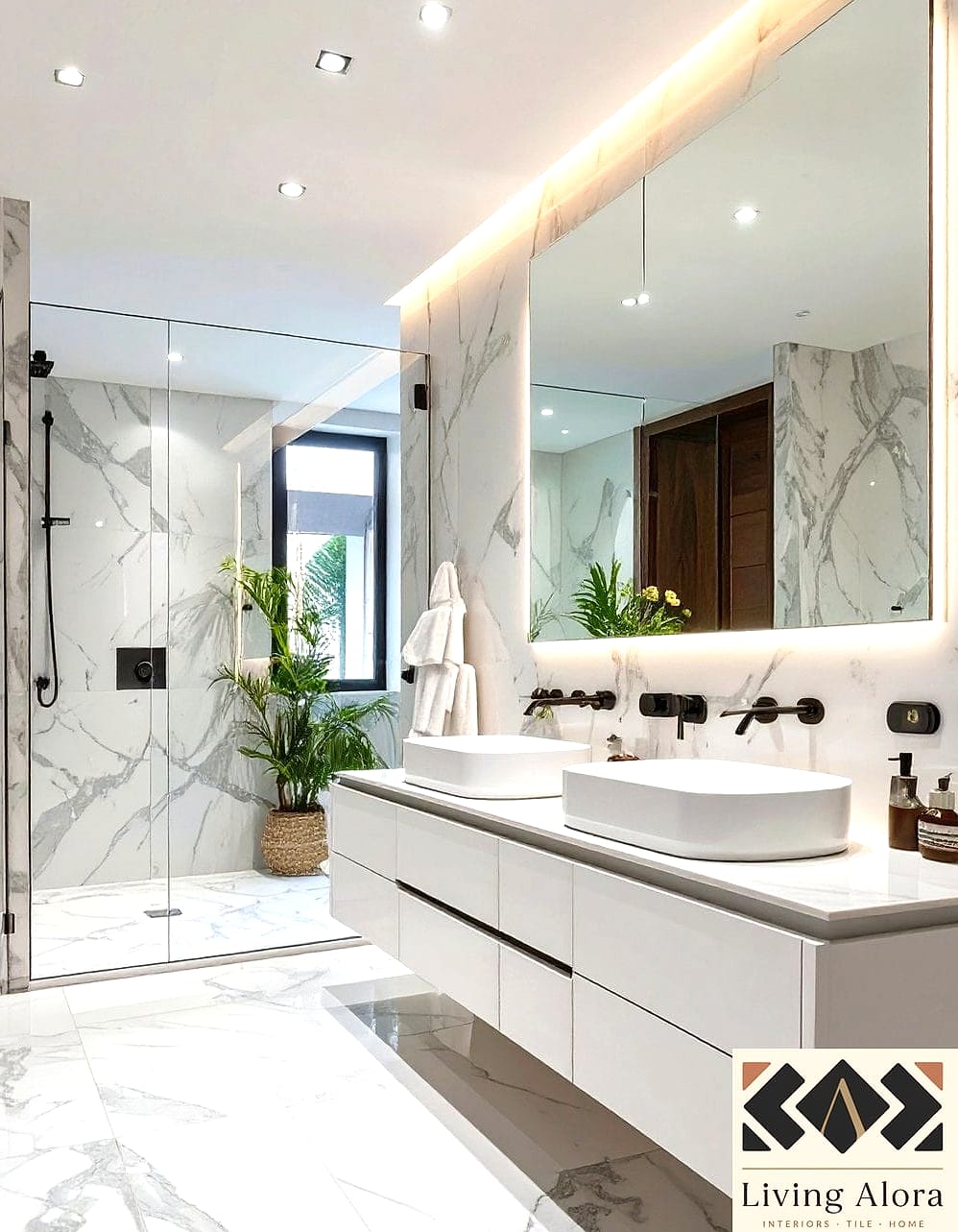 21 White Bathroom Ideas That Maximize Style and Function 3 Marble-Look Porcelain Floors