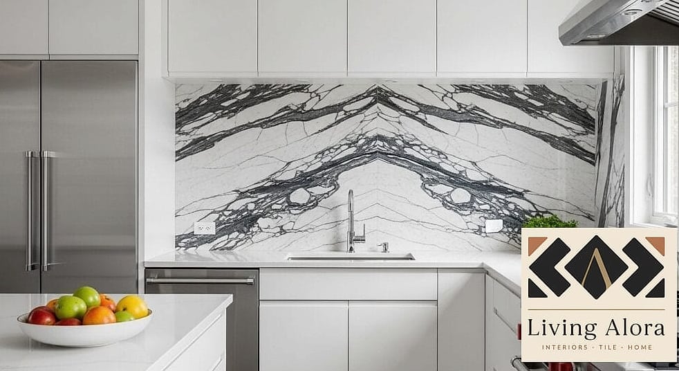 19 Modern Porcelain Backsplash Ideas That Prove This Trend Is Here to Stay 3 Marble-Look Porcelain in Bold Veining