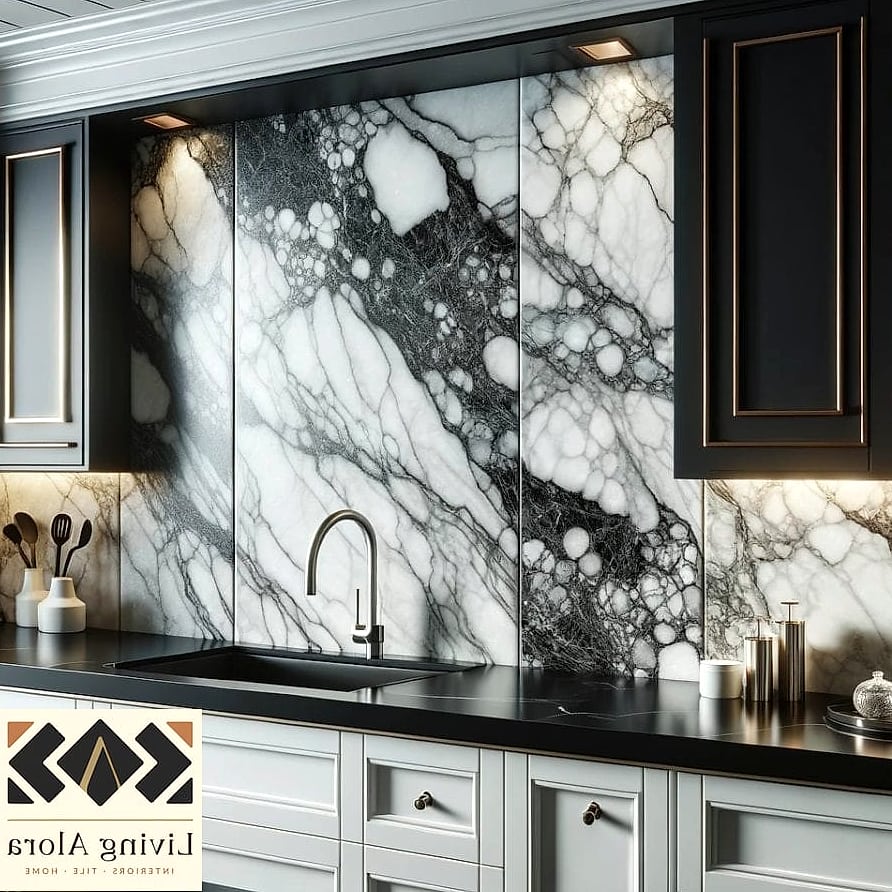 9 Backsplash for Black Countertops Ideas That Maximize Style and Function 5 Marble or Marble-Look Slab for Luxury Appeal