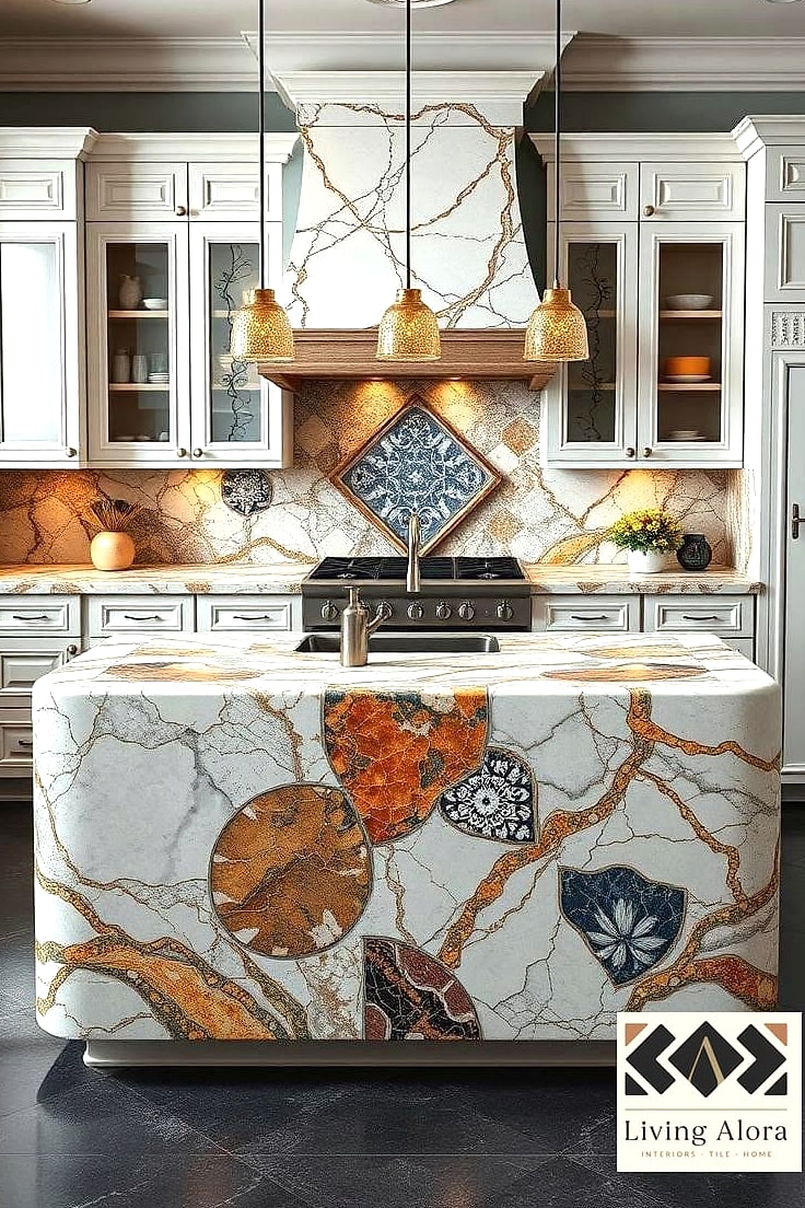 Marble Mosaic Kitchen Island Waterfall Detail