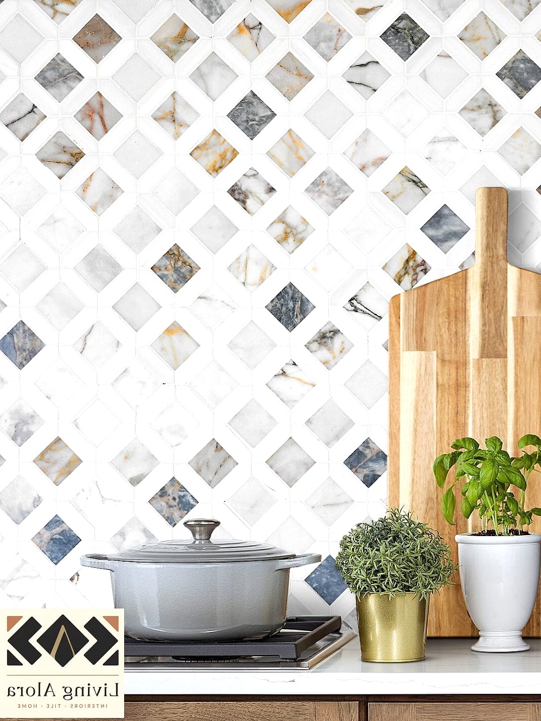 Marble Mosaic Kitchen Backsplash With Open Shelving
