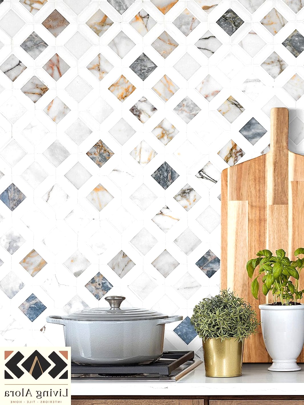 Marble Mosaic Kitchen Backsplash in a Herringbone and Solid Slab Combo