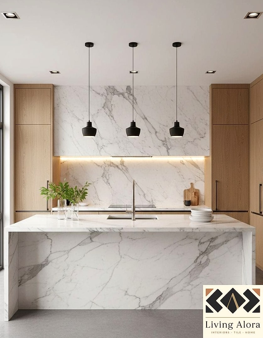 14 Marble Backsplash Ideas That Are Absolutely Worth It 9 Marble Slab with Waterfall Edge Continuation