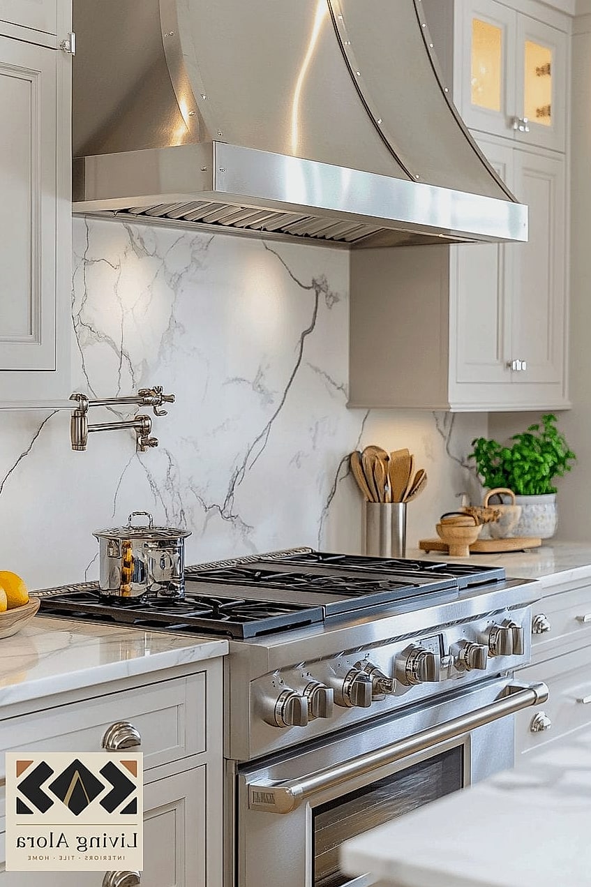 Marble Tile Behind Open Shelving