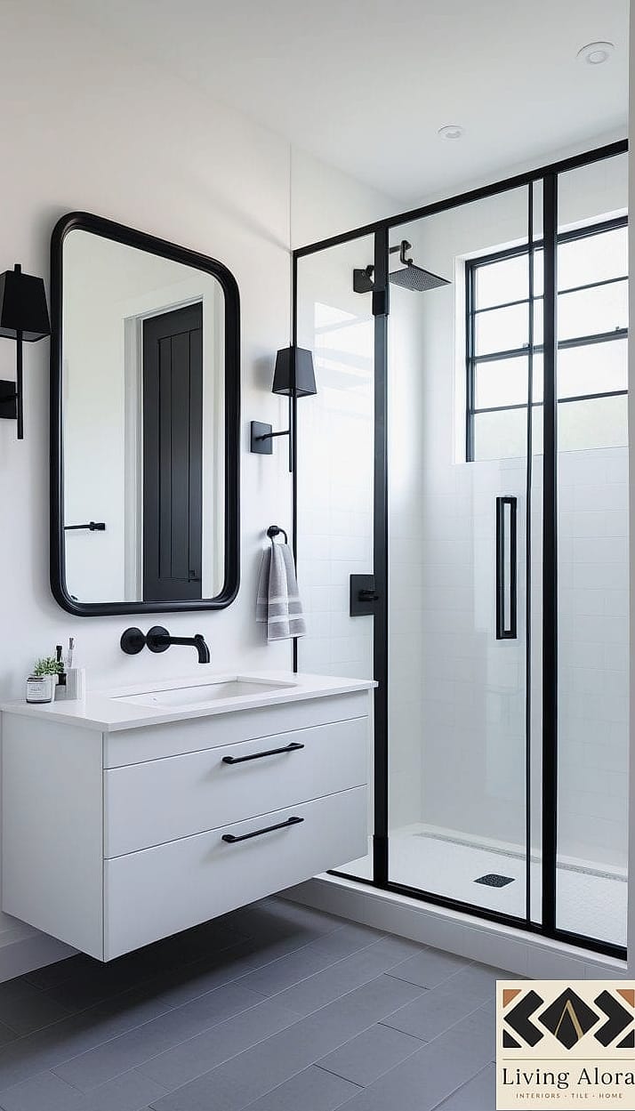 21 White Bathroom Ideas That Maximize Style and Function 6 Matte Black Fixtures Against White Tile