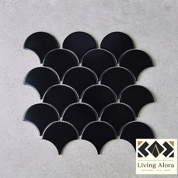 Matte Black Fish Scale Accent Wall in a Powder Room