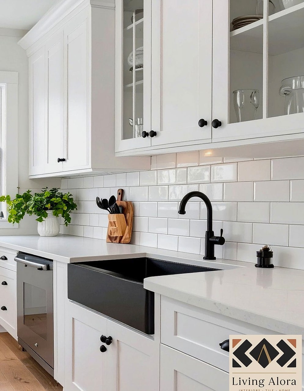 Matte White Cabinets with Black Fixtures
