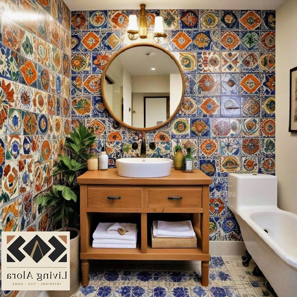 Mexican Tile Accent Wall in a Powder Room