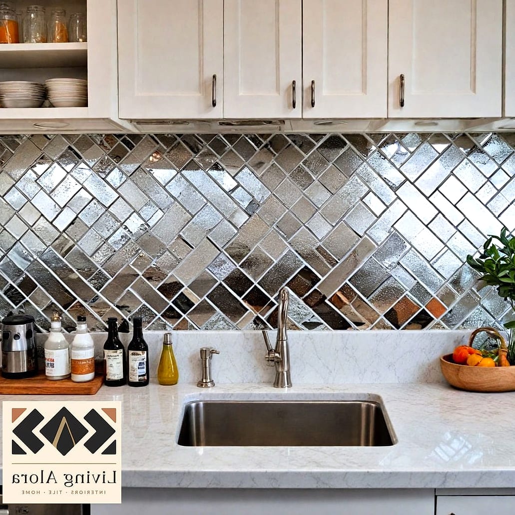 Mirrored Glass Tile Behind Open Shelving