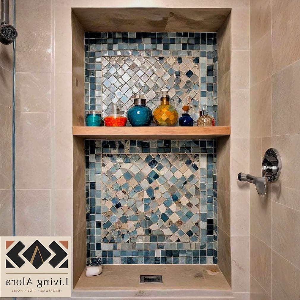 Mosaic Tile Accent Niche for Functional Storage in the Shower