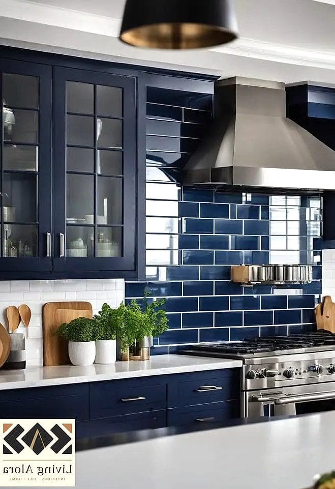 25 Colorful Glass Backsplash Ideas That Maximize Style and Function 14 Navy Glass Tile Vertical Installation