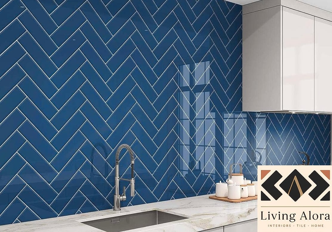 21 Trendy Colorful Herringbone Backsplash Ideas That Work in Any Size Home 8 Navy and White Two-Tone Herringbone