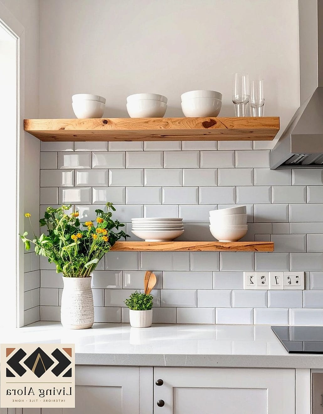 25 Backsplash Ideas for Small Kitchen Ideas to Inspire Your Next Renovation 16 Open Shelving with Tile Backdrop