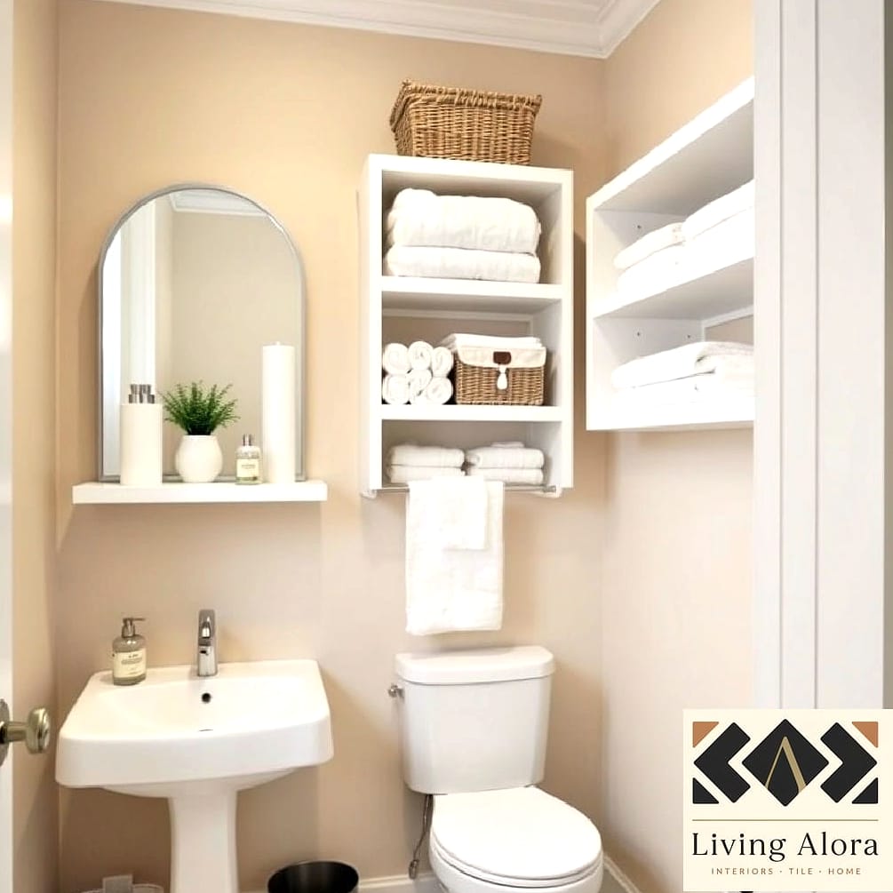 21 White Bathroom Ideas That Maximize Style and Function 14 Open Shelving with Woven Baskets