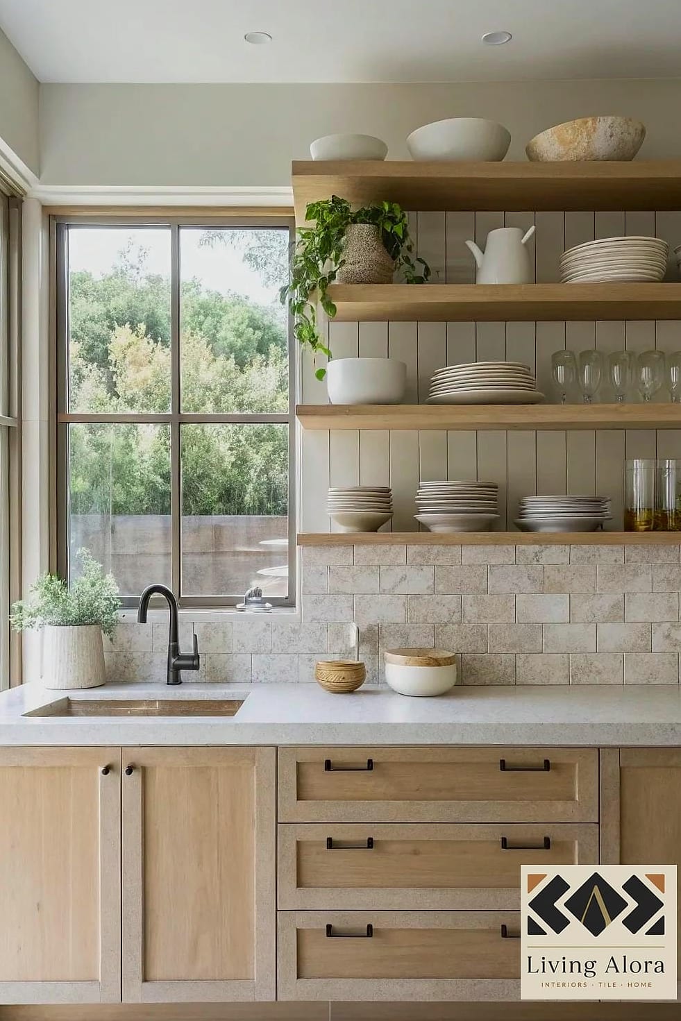 Open Shelving with a Statement Slab Backsplash