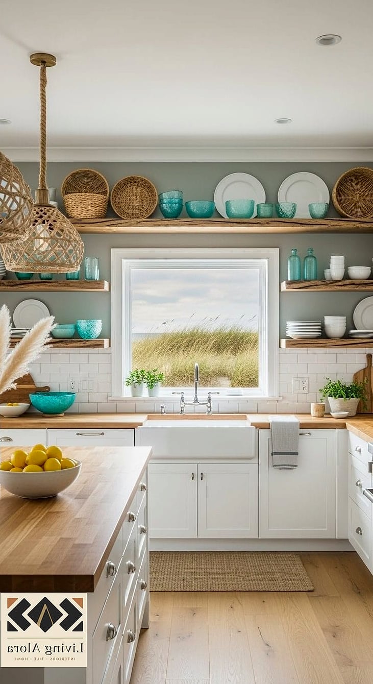 12 Beachy Kitchen Ideas That Will Transform Your Space 4 Open Shelving with Woven Baskets