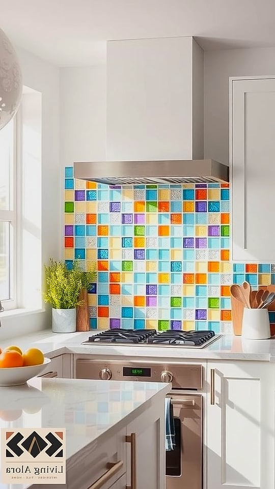 25 Colorful Glass Backsplash Ideas That Maximize Style and Function 18 Peach Glass Tile in a Retro Kitchen