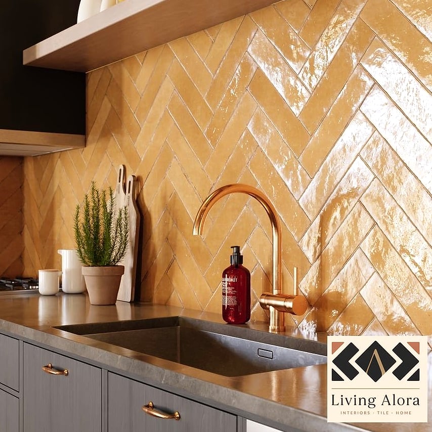 21 Trendy Colorful Herringbone Backsplash Ideas That Work in Any Size Home 18 Peach Zellige Herringbone
