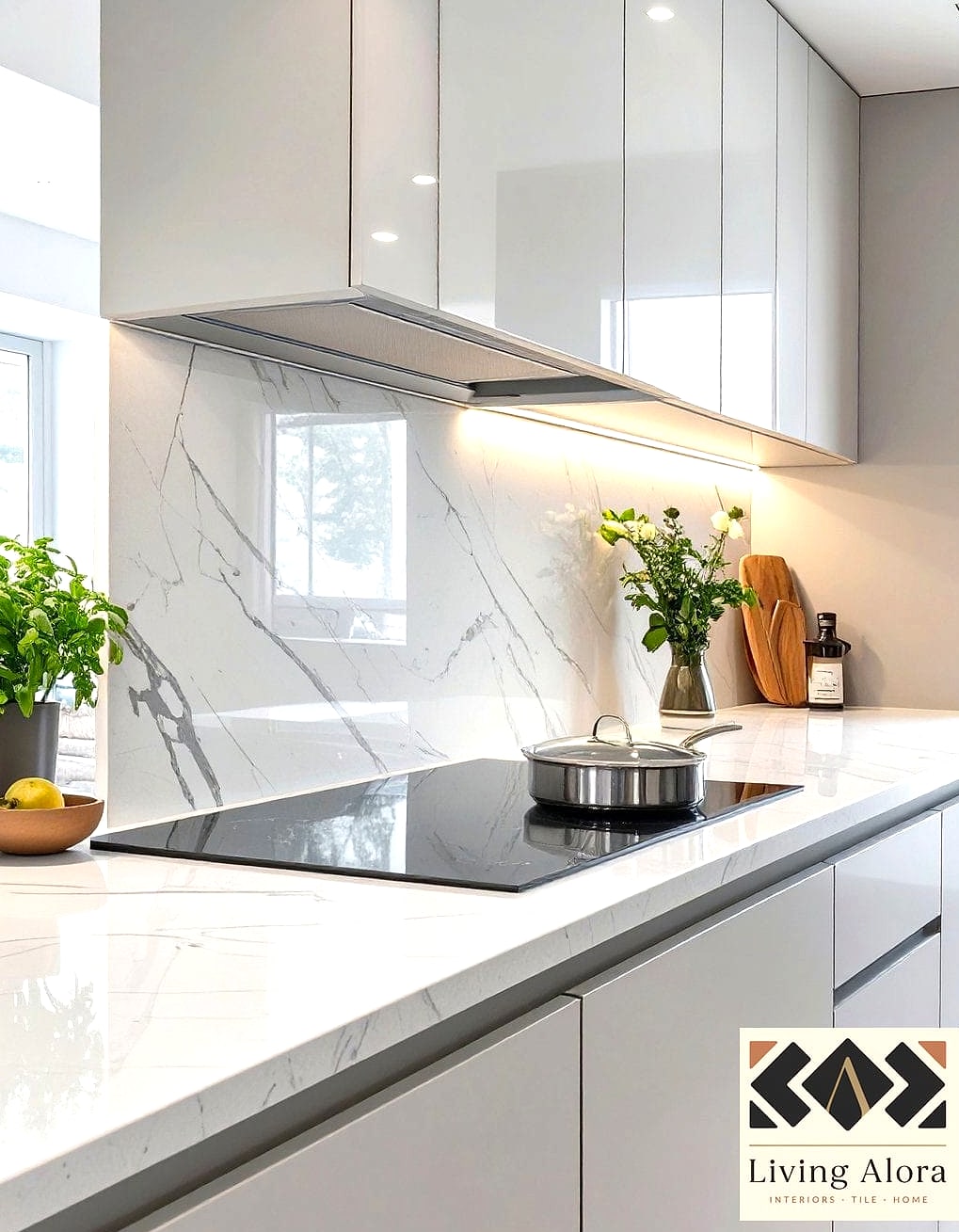 14 Quartz Backsplash Ideas That Will Transform Your Space 7 Quartz Backsplash Behind Open Shelving
