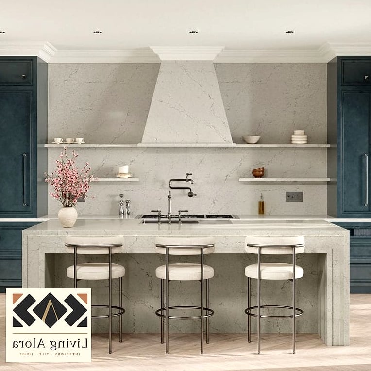 Quartz Backsplash with a Waterfall Island Match