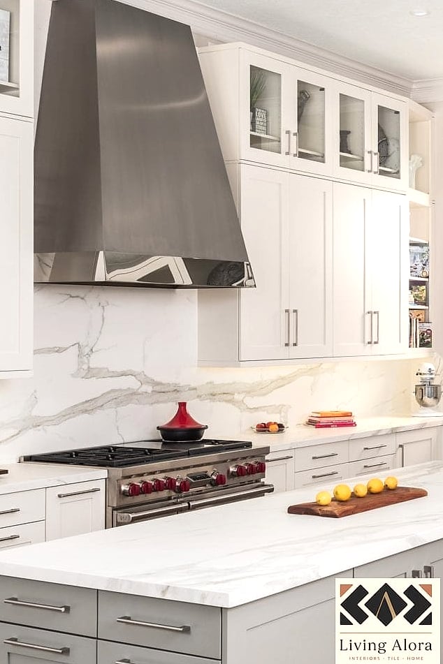 Quartz Backsplash That Continues onto a Peninsula