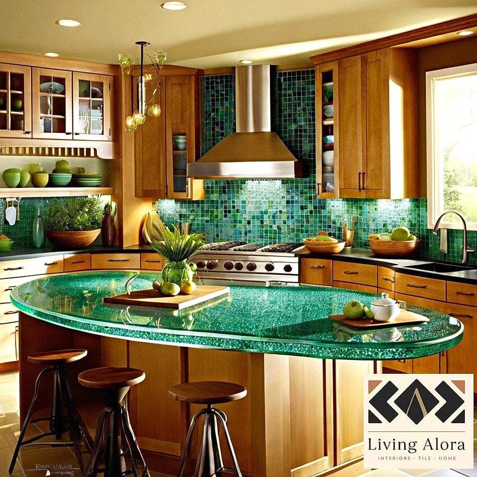 Recycled Glass Tile Accent Around a Bathtub