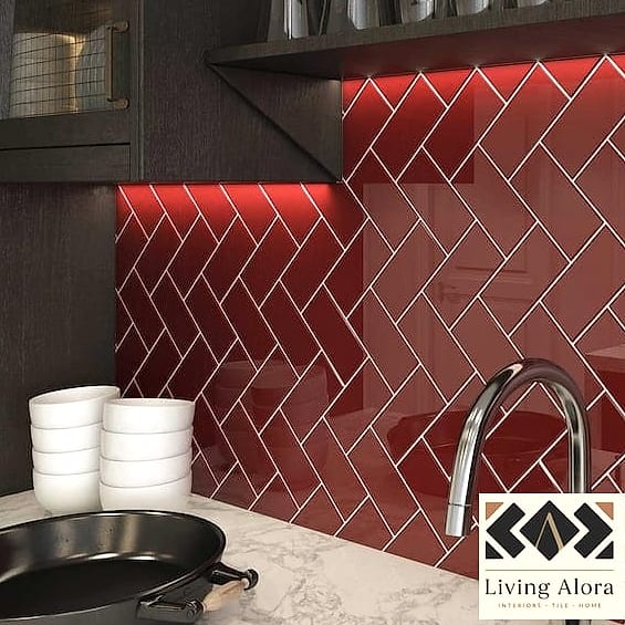 25 Colorful Glass Backsplash Ideas That Maximize Style and Function 22 Ruby Red Glass Tile Statement Wall