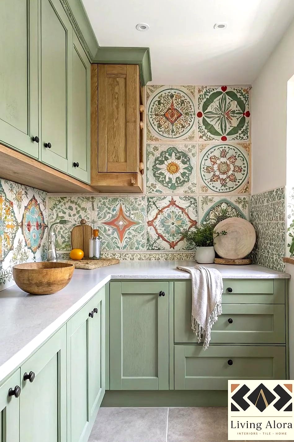 25 Colorful Glass Backsplash Ideas That Maximize Style and Function 12 Sage Green Glass Tile Behind Open Shelving